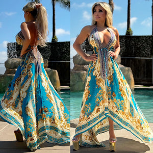 Connie's "Baroque Gold Leaf *Silk* High Low Maxi" RICH BoHo Style, With Hand Sewn Crystal Accents