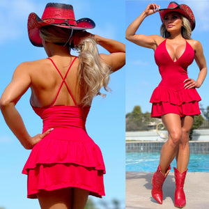 Connie's "RED SPAGHETTI STRAP Mini" CRISS CROSS BACK, Deep Plunge 2 Layer Ruffle, Made in The USA