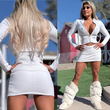 Connie's LIMITED 2 Pc Set "PURE WHITE SNOW ❄️ Sweater Set" STRETCH Crop Top ZIP Hoodie and Fold Over Skirt with Built in Mini Shorts