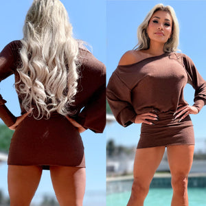 Connie's "CHOCOLATE 🍫 MINI" TIGHT FIT LOWER, One Shoulder Slouch Upper, Full Stretch Light Knit, Adjustable Hem Length Made in USA 🍸