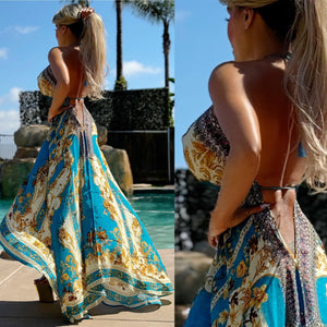 Connie's "Baroque Gold Leaf *Silk* High Low Maxi" RICH BoHo Style, With Hand Sewn Crystal Accents