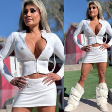 Connie's LIMITED 2 Pc Set "PURE WHITE SNOW ❄️ Sweater Set" STRETCH Crop Top ZIP Hoodie and Fold Over Skirt with Built in Mini Shorts