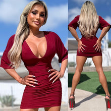Connie's EXCLUSIVE "MARILYN'S 3/4 Sleeve RICH RUCHED MINI" CHIANTI 🍷 SHEEN, NO BRA NEEDED with DOUBLE FABRIC SUPPORT .... Made in USA