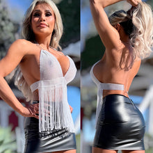 Connie's "RICH & SCANDALOUS TWO PACK SET"  BLACK and WHITE 💎🍸💎 RHINESTONE SEMI SEE THRU Halter Tops, Adjustable Back and Neck Top