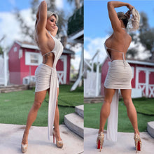 Connie's EXCLUSIVE "MODERN EGYPTION CLUB GIRL MINI" STONE SHEEN, Backless Side Chest Exposure, Back Tie, Button Neck, Made in the USA