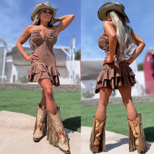 Connie's LIMITED "DARK TAN DRIFTER" MALTED DARK TAN X SUEDE MINI Dress, Stretch Fabric, Ruffle Lower Accent