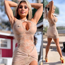 Connie's EXCLUSIVE "SEDUCTIVE TAN LACE OPEN CHEST MINI" Full STRETCH See Thru Lace, with Wrap Skirt Lower and Gold Buckle Accents