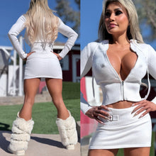 Connie's LIMITED 2 Pc Set "PURE WHITE SNOW ❄️ Sweater Set" STRETCH Crop Top ZIP Hoodie and Fold Over Skirt with Built in Mini Shorts