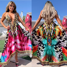 Connie's ***LIMITED*** "BUTTERFLY BLISS 🦋" SILKY RHINESTONE 💎 ACCENT RAYON High Low Maxi, Eye Hook Opening Back and Chest, Cinchable tie front