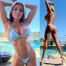 Connie's SHINY BLUE HOLOGRAPHIC DIAMOND HEART 🩷💎🩷SUPER MICRO 😈 Thong Bikini Set, Made in The USA