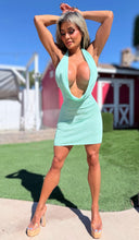 Connie's SEMI SHEER-ish "PURE MINT KNIT COWL PLUNGE MINI" Adjustable halter and back Tie for a Perfect fit