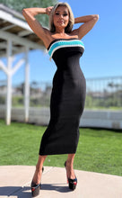 Connie's "PRINCESS PAIN 😈 BLACK & OCEAN Strapless Midi" THICK RICH STRETCH KNIT, Stay Put Chest Elastic