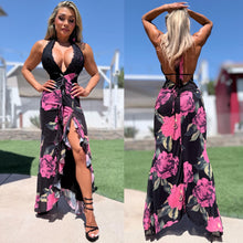 Connie's ***LIMITED*** "SULTRY PINK ROSE HIGH LOW Maxi" Ruched Butt, STRETCH MESH, Open Back, Adjustable Halter tie