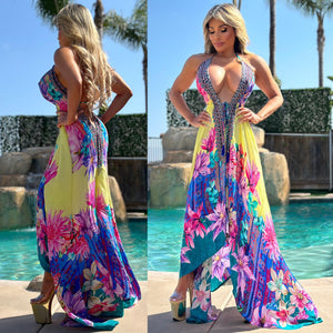 LUX Island BoHo Style, *Silk* High Low Maxi, Bali Beach Flower Print, With Hand Sewn Crystal Accents