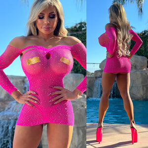 Connie's "PINK CANDY For Dessert" Rhinestone Sparkle Extreme Stretch See Thru Lingerie Mini Dress