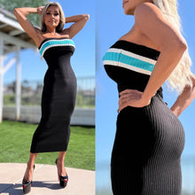 Connie's "PRINCESS PAIN 😈 BLACK & OCEAN Strapless Midi" THICK RICH STRETCH KNIT, Stay Put Chest Elastic