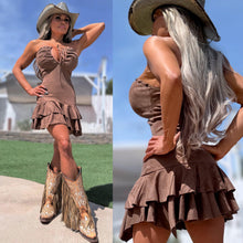 Connie's LIMITED "DARK TAN DRIFTER" MALTED DARK TAN X SUEDE MINI Dress, Stretch Fabric, Ruffle Lower Accent