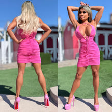 Connie's "SEDUCTIVE PINK RUCHED ASS and OPEN CHEST MINI" BOOTY GRABBING Mini Dress, Full Stretch Fit