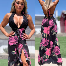 Connie's ***LIMITED*** "SULTRY PINK ROSE HIGH LOW Maxi" Ruched Butt, STRETCH MESH, Open Back, Adjustable Halter tie