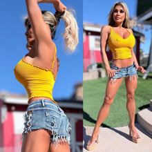 Connie's "PURE VIXEN" YELLOW SUNSHINE Ribbed RUFFLE Edge Tank Top " With SUPER STRETCH FIT ... 💋💋💋