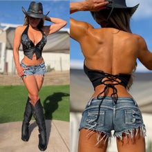 Connie's LIMITED SUPPLY "RICH BLACK SUEDE ROSE RHINESTONE URBAN COWGIRL 🤠 Halter Top" VEGAN LEATHER adjustable Corset Back, Eye Hook front Closure