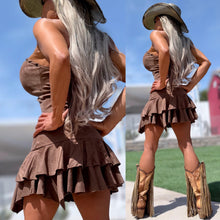 Connie's LIMITED "DARK TAN DRIFTER" MALTED DARK TAN X SUEDE MINI Dress, Stretch Fabric, Ruffle Lower Accent