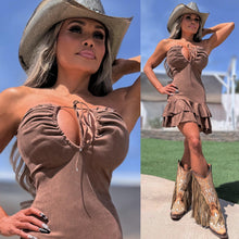 Connie's LIMITED "DARK TAN DRIFTER" MALTED DARK TAN X SUEDE MINI Dress, Stretch Fabric, Ruffle Lower Accent