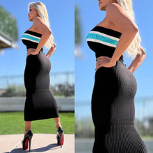 Connie's "PRINCESS PAIN 😈 BLACK & OCEAN Strapless Midi" THICK RICH STRETCH KNIT, Stay Put Chest Elastic