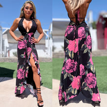 Connie's ***LIMITED*** "SULTRY PINK ROSE HIGH LOW Maxi" Ruched Butt, STRETCH MESH, Open Back, Adjustable Halter tie