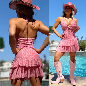 Connie's "COUNTRY 🍒  PINK CHERRY Mini" Adjustable Open Corset Chest, Soft Super Stretch Fabric and Cute Ruffles 🍸