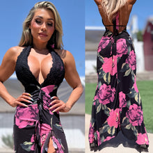 Connie's ***LIMITED*** "SULTRY PINK ROSE HIGH LOW Maxi" Ruched Butt, STRETCH MESH, Open Back, Adjustable Halter tie