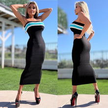 Connie's "PRINCESS PAIN 😈 BLACK & OCEAN Strapless Midi" THICK RICH STRETCH KNIT, Stay Put Chest Elastic