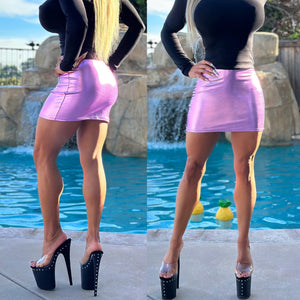 Connie's "VIP Vegas Club Girl Liquid Rubberized METALLIC LILAC Mini Skirt" Stretch Fit...Made in the USA😘