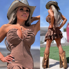 Connie's LIMITED "DARK TAN DRIFTER" MALTED DARK TAN X SUEDE MINI Dress, Stretch Fabric, Ruffle Lower Accent