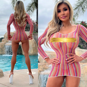 Connie's "ISLAND VACATION CHAMPAGNE ROOM Mini" MULTI Color Extreme Stretch See Thru MESH Lingerie Mini Dress
