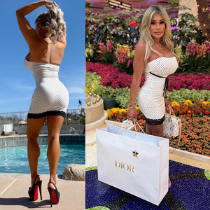 Connie's Exclusive "CUTE VIXEN 😈 WHITE POLKA DOT MINI" STRETCH Fit, With Black Lace trim Lace Mini, No Zippers, Made in USA