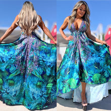 Connie's ***LIMITED*** "TROPICAL ATLANTIS 🌊🌴 🌊" SILKY RHINESTONE 💎 ACCENT RAYON High Low Maxi, Eye Hook Opening Back and Chest, Cinchable tie front