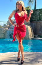 Connie's "VEGAS CLUB GIRL TOGA MINI" Red with Silver Ring accents, adjustable Halter, STRETCH fabric, Made in the USA