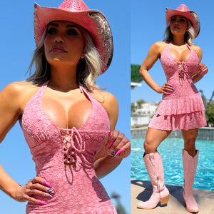 Connie's "COUNTRY 🍒  PINK CHERRY Mini" Adjustable Open Corset Chest, Soft Super Stretch Fabric and Cute Ruffles 🍸