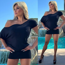 Connie's LIMITED "RICH OFF SHOULDER Lightweight SWEATER MINI" BLACK Stretch Sweater Mini Dress, Fully Adjustable Length, Made in USA