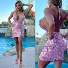 Connie's  EXCLUSIVE  "EXTRA!!! EXTREME PLUNGE" "PINK SEQUIN Evening Halter MINI" Rich FULL Stretch fit and Zip Back Closure