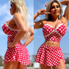 Connie's LIMITED SET!!! "FULL STRETCH RED & WHITE GINGHAM Top SET" Built in Stretch Booty Shorts, Full Stretch Fit