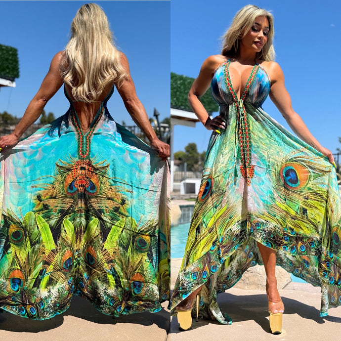 ***LIMITED*** Connie's LUX 🌴 Island BoHo Style, OCEAN 🦚 PEACOCK SUNSHINE *Silk* High Low Maxi