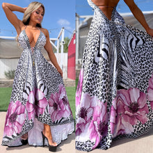 Connie's ***LIMITED*** "PARADISE PURPLE ORCHID SNOW LEOPARD" SILKY RHINESTONE 💎 ACCENT RAYON High Low Maxi, Eye Hook Opening Back and Chest, Cinchable tie front