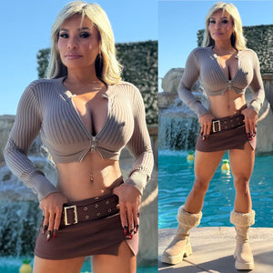 Connie's  "FULL STRETCH Soft Sweater Crop Top" With FULL DOUBLE ZIP Zip front, CoCoa Powder KNIT Super Stretch fit