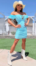 Connie's "AQUA BLUE URBAN PRAIRIE GIRL MINI" OFF or ON Shoulder, Lace up Chest, STRETCH Eyelet Lace, Lined matching fabric