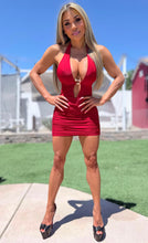 Connie's "SUNSET RED RICH DEEP PLUNGE BACKLESS HALTER Mini Dress" GOLD ACCENT, Double Fabric SUPPORT for use without a Bra, Made in USA