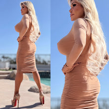 Connie's EXCLUSIVE "ISLAND TAN VIXEN Pencil Midi" DEEP Plunge Chest, Ruched Lower, With a SUPER Stretch Tight Fit