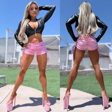 Connie's EXCLUSIVE!!! "HIGH WAIST SHORT SHORT RUCHED SHORTS" PINK STRETCH Faux Leather