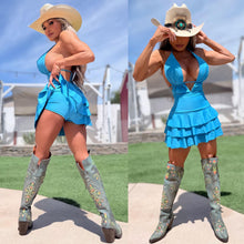 Connie's LIMITED!!! "BLUE BAYOU SHEEN Mini" Ruffle lower, Adjustable Chest, Built in Booty Shorts, Made in USA